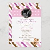 サファリモンキーフォトピンクベビーシャワー招待状 招待状 (正面/裏面)