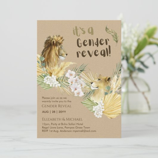 サファリライオンズのジェンダー表示ベビーシャワー招待状 招待状 (スタンド正面)