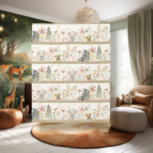 サファリライオンゼブラエレファントジャングルリーフ男の赤ちゃん フリースブランケット