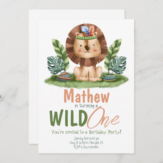 サファリライオントロピカルワイルドワンボーイ誕生日 招待状 (正面/裏面)