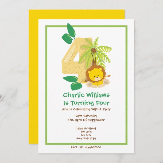 サファリライオン4歳の誕生日パーティー 招待状 (正面/裏面)