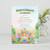 サファリライドテーマ – ワイルドワン 1歳の誕生日 赤ちゃん男の子 招待状 (スタンド正面)