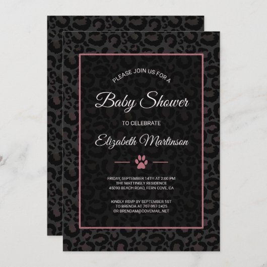 サファリレオパード黒ピンクローズ金ゴールドベビーシャワー 招待状 (正面/裏面)