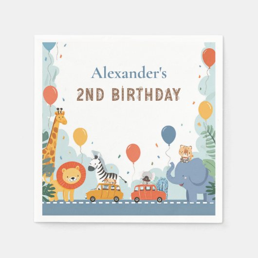 サファリレースカー2nd誕生日 スタンダードカクテルナプキン (正面)