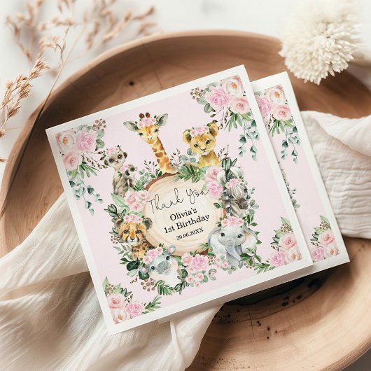 サファリワイルドアニマルズピンクフローラ誕生日の好意 スタンダードカクテルナプキン