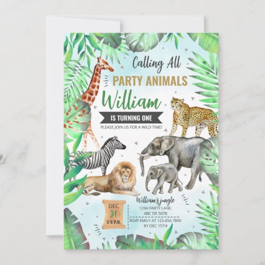 サファリワイルドパーティー動物誕生日 招待状 (正面)