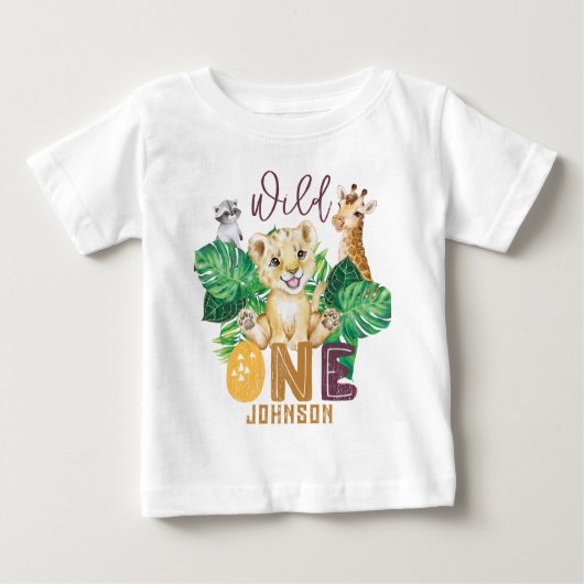 サファリワイルドワンアニマルジャングル写真1歳の誕生日 ベビーTシャツ (正面)