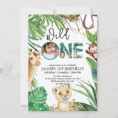 サファリワイルドワンアニマルジャングル写真1歳の誕生日 招待状 (正面)