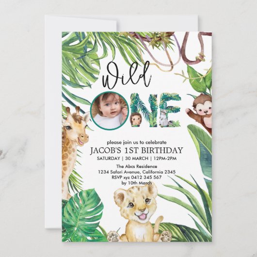 サファリワイルドワンアニマルジャングル写真1歳の誕生日 招待状 (正面)