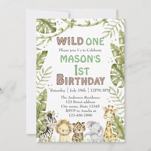 サファリワイルドワンウォータカラー1歳の誕生日 招待状 (正面)