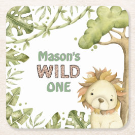 サファリワイルドワンウォーターカラー誕生日 スクエアペーパーコースター