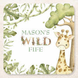 サファリワイルドワンウォーターカラー誕生日 スクエアペーパーコースター