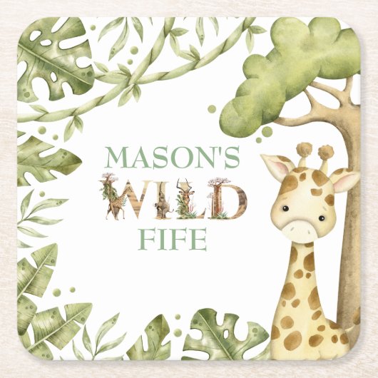 サファリワイルドワンウォーターカラー誕生日 スクエアペーパーコースター (正面)