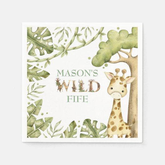 サファリワイルドワンウォーターカラー誕生日 スタンダードカクテルナプキン (正面)