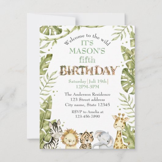 サファリワイルドワンウォーターカラー誕生日 招待状 (正面)