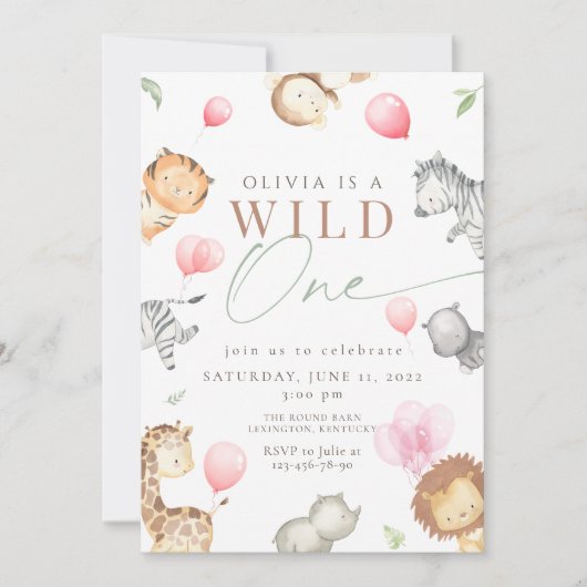 サファリワイルドワンガール誕生日 招待状 (正面)