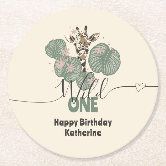 サファリワイルドワンキリン動物誕生日 ラウンドペーパーコースター (正面)