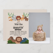 サファリワイルドワンシンプル誕生日ベビー写真 招待状 (正面/裏面)