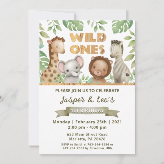 サファリワイルドワンツインズバースデーパーティーの招待 招待状 (正面)