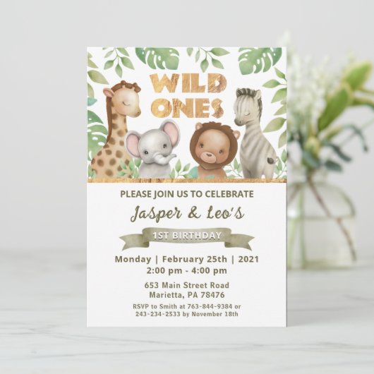 サファリワイルドワンツインズバースデーパーティーの招待 招待状 (スタンド正面)