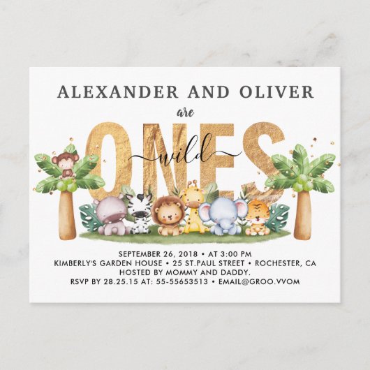 サファリワイルドワンツツインズ1st誕生日招待状 ポストカード (正面)