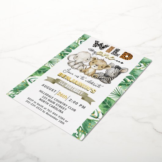 サファリワイルドワンバースデーパーティーゴールド実在フォイルインヴィ 箔招待状 (回転した状態)