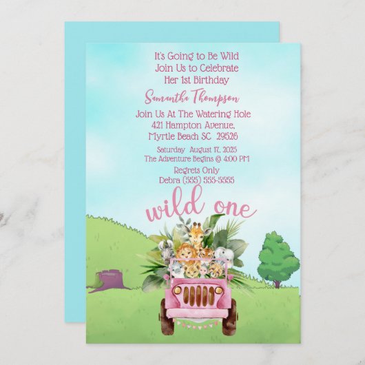 サファリワイルドワンピンクガールズバースデーパーティー 招待状 (正面/裏面)