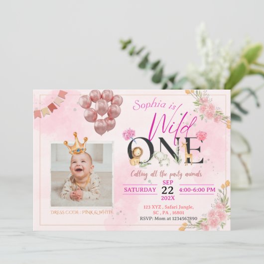 サファリワイルドワンピンクフローラforガール誕生日 招待状 (スタンド正面)