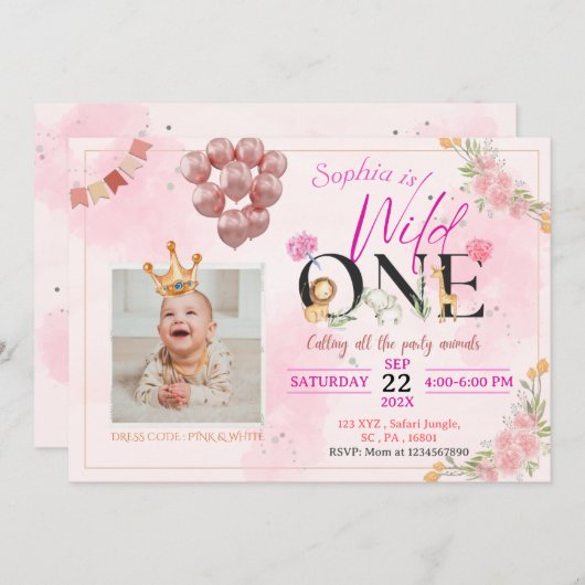 サファリワイルドワンピンクフローラforガール誕生日 招待状 (正面/裏面)
