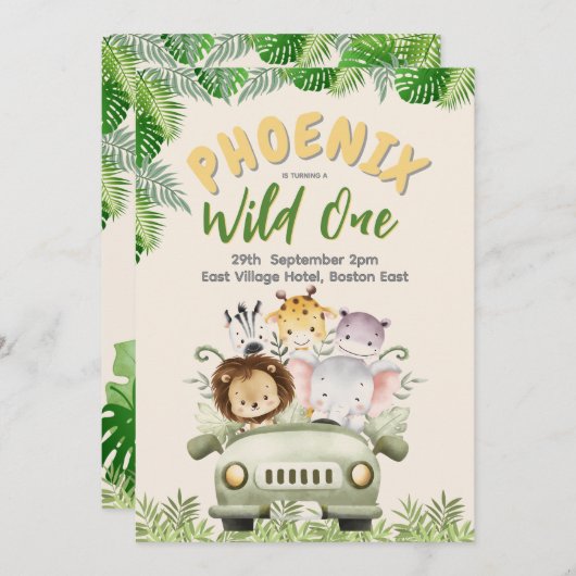 サファリワイルドワンファースト誕生日 招待状 (正面/裏面)