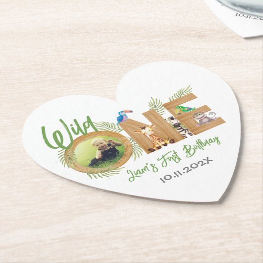 サファリワイルドワンフォトファースト誕生日動物ウッド ペーパーコースター (アングル)
