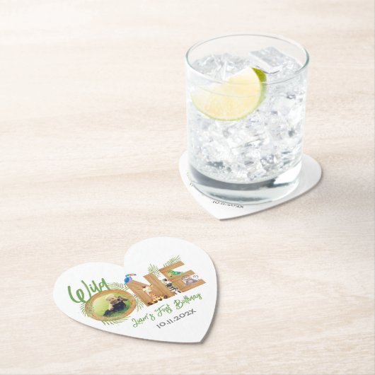 サファリワイルドワンフォトファースト誕生日動物ウッド ペーパーコースター (インサイチュ)