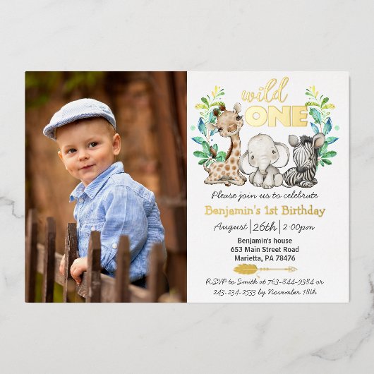 サファリワイルドワンフォト実在金ゴールド 箔招待状 (正面)