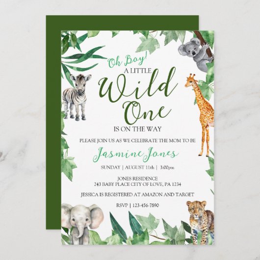 サファリワイルドワン男の赤ちゃんシャワー 招待状 (正面/裏面)