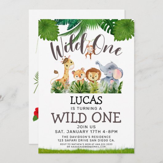 サファリワイルドワン誕生日 招待状 (正面/裏面)