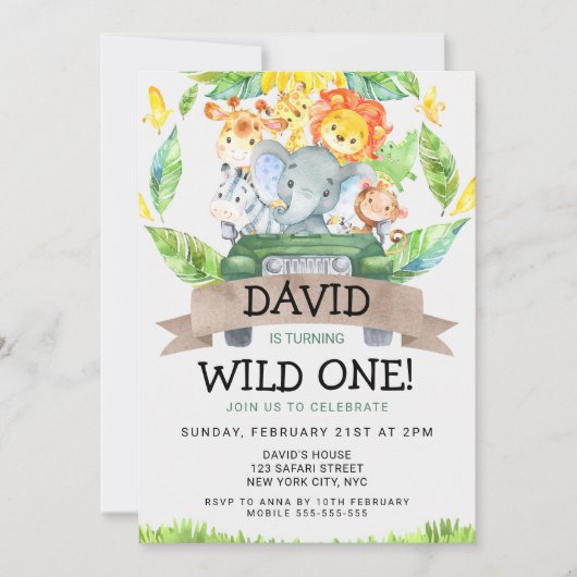 サファリワイルドワン1歳の誕生日パーティー 招待状 (正面)