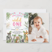 サファリワイルドワン1stガール誕生日写真 招待状 (正面)