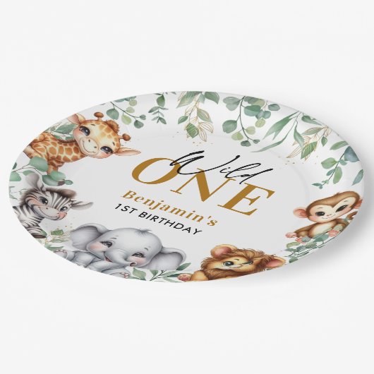 サファリワイルドワン |ジャングル動物の誕生日 ペーパープレート (アングル)