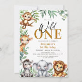 サファリワイルドワン |ジャングル動物の誕生日 招待状 (正面)