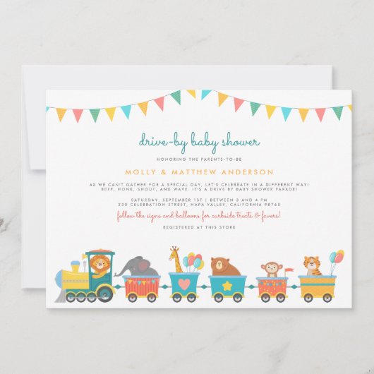 サファリ列車&バントかわいいドライブバイベビーシャワー 招待状 (正面)
