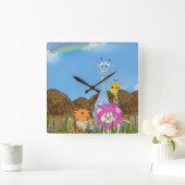 サファリ動物おもしろい スクエア壁時計 (ホーム)