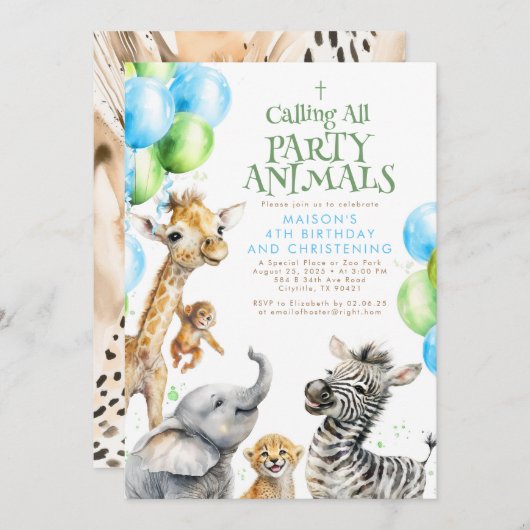 サファリ動物かわいい誕生日&《キリスト教》洗礼式や命名式 招待状 (正面/裏面)