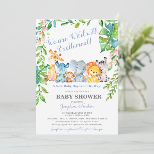 サファリ動物が野生のジャングルの男の子のベビーシャワー 招待状 (スタンド正面)