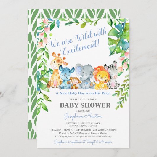 サファリ動物が野生のジャングルの男の子のベビーシャワー 招待状 (正面/裏面)