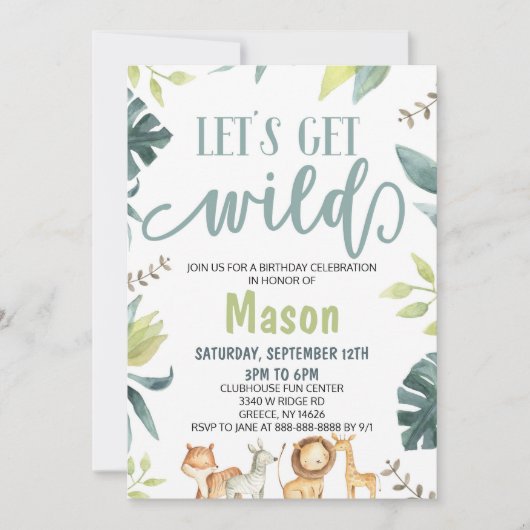 サファリ動物が野生のジャングルの誕生日パーティーを楽しもう 招待状 (正面)