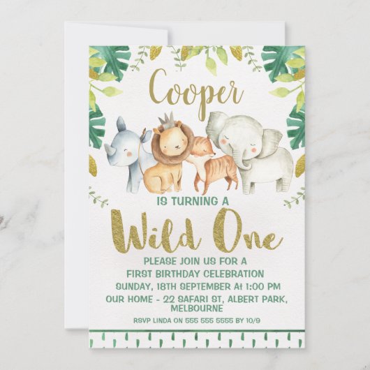 サファリ動物たちが野生の1歳の誕生日招待状 招待状 (正面)