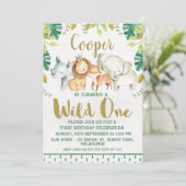 サファリ動物たちが野生の1歳の誕生日招待状 招待状 (スタンド正面)