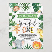 サファリ動物たちが野生の1歳の誕生日招待状 招待状 (正面/裏面)