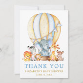 サファリ動物たちが青く熱い気球のベビーシャワー サンキューカード (正面)