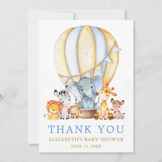 サファリ動物たちが青く熱い気球のベビーシャワー サンキューカード (正面)